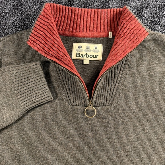 Barbour Other - Barbour Jumper Sweater Men's Large 1/4 Zip Olive Green Red Contrast 100% Wool